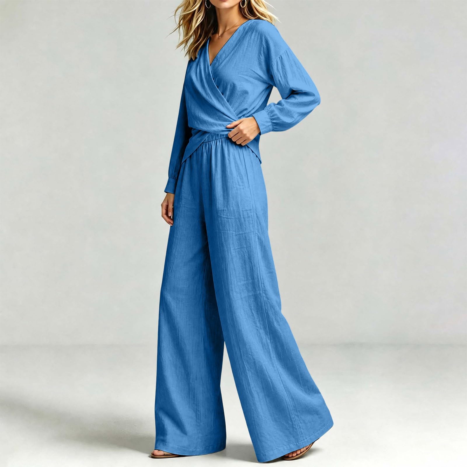 Set da 2 pezzi da donna Co Ord, casual, con scollo a V, a maniche lunghe, pantaloni a gamba larga, traspiranti, comodi, da viaggio, spiaggia, vacanze, tempo libero