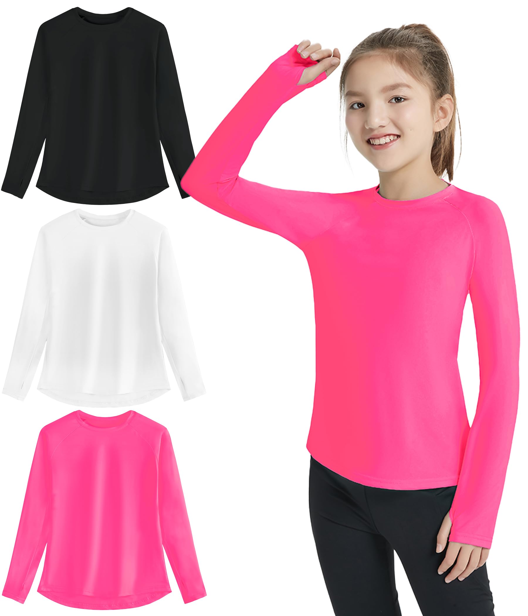 EXARUS 3 Pack Girls Long Sleeve Shirts Athletic Quick Dry Tops UPF 50+ Performance Tees with Thumb Holes for Teens Set 3 8Y