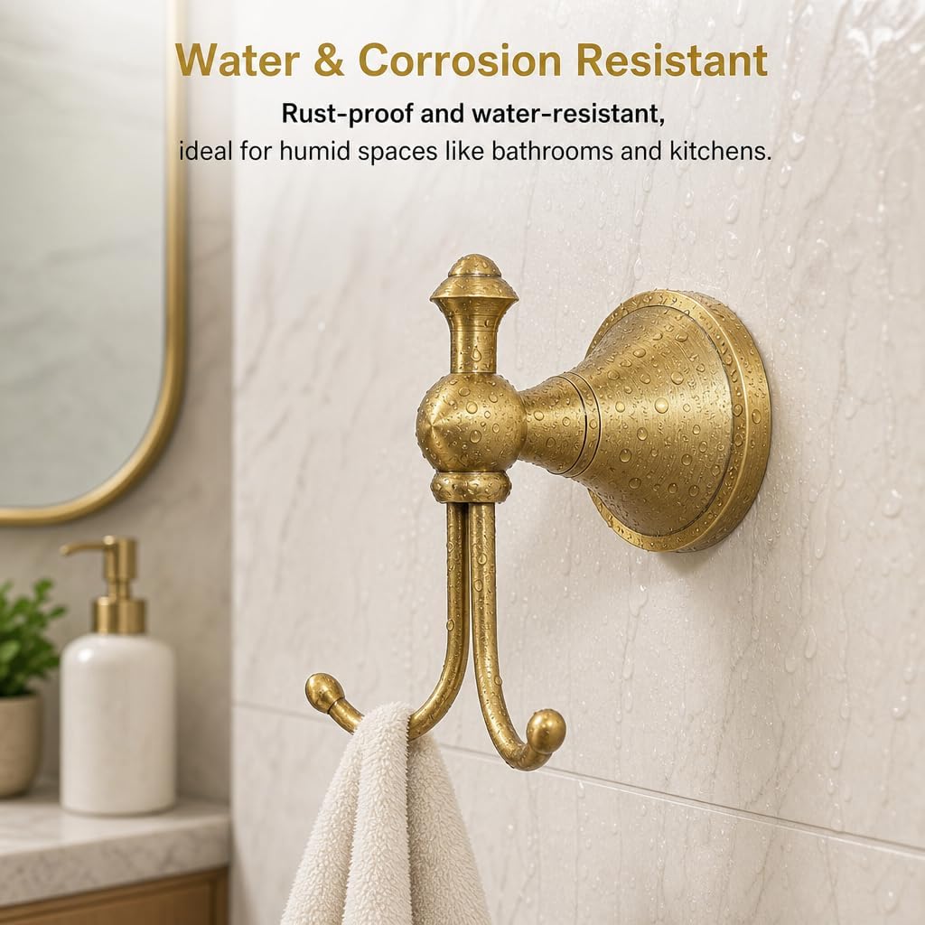 Brushed Brass Towel Hooks for Bathroom, Antique Gold Robe Hooks Wall Mounted, Heavy Duty Double Hooks for Towels, Coats, Loofah, Kitchen, Bedroom - Rustproof Vintage Brass Hooks