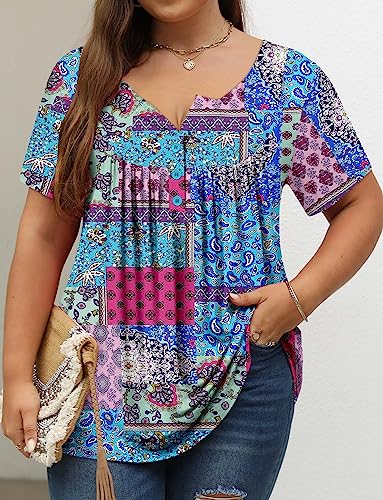 Roselinlin Womens Plus Size Short Sleeve Tunic Tops V Neck Blue Blocks Flower Blouse Summer Tops M #TOP2