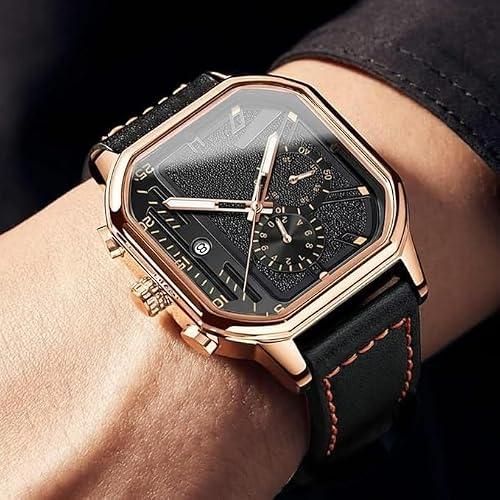 Square Watches for Men, Black Leather Strap, Analog Quartz Dress Watch, Fashion Business Watch Luminous Waterproof Casual Wrist Watches