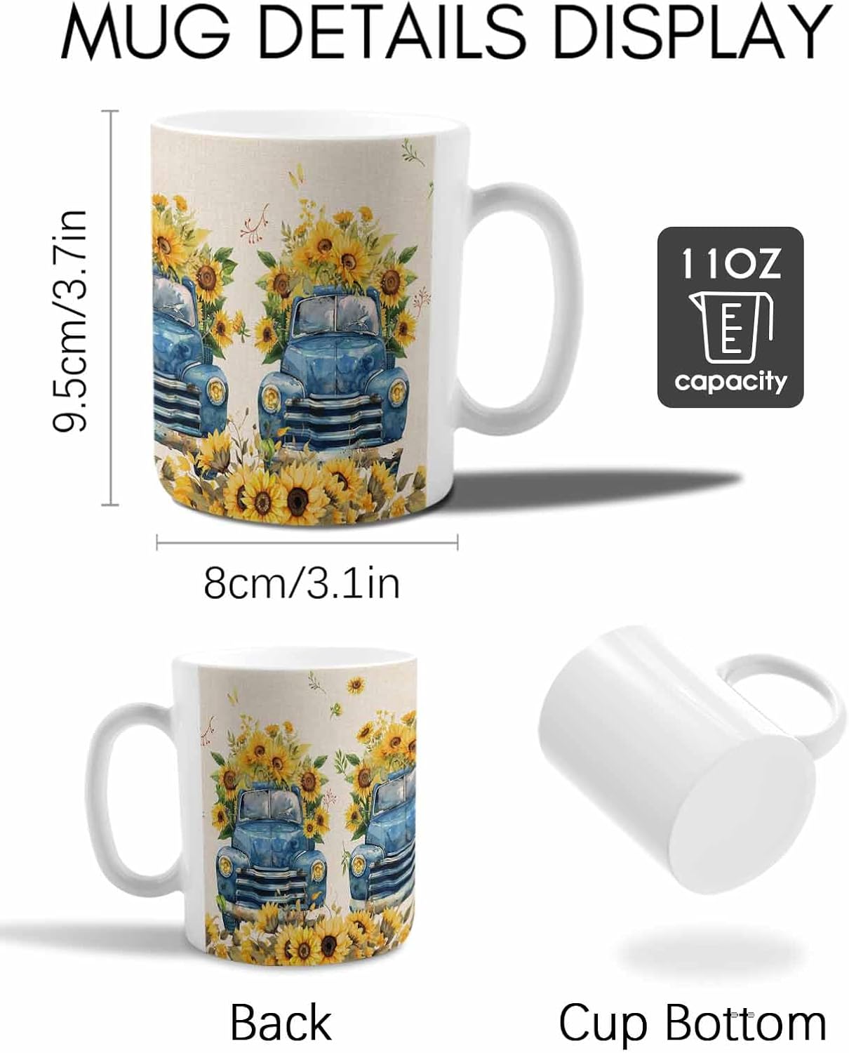 BEMIGO Ceramic Coffee Mug Farmhouse Sunflower Blue Truck Ceramic Mug White Cup, Spring Summer Insulated Coffee Cup with Handle with Pattern Perfect for Tea and Hot Beverages, 12oz