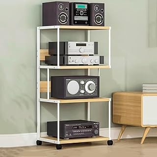 Soporte de audio móvil resistente con ruedas | Armario de almacenamiento multimedia de 4 niveles para amplificadores y equipos AV | Torre de audio y video de pie en color blanco