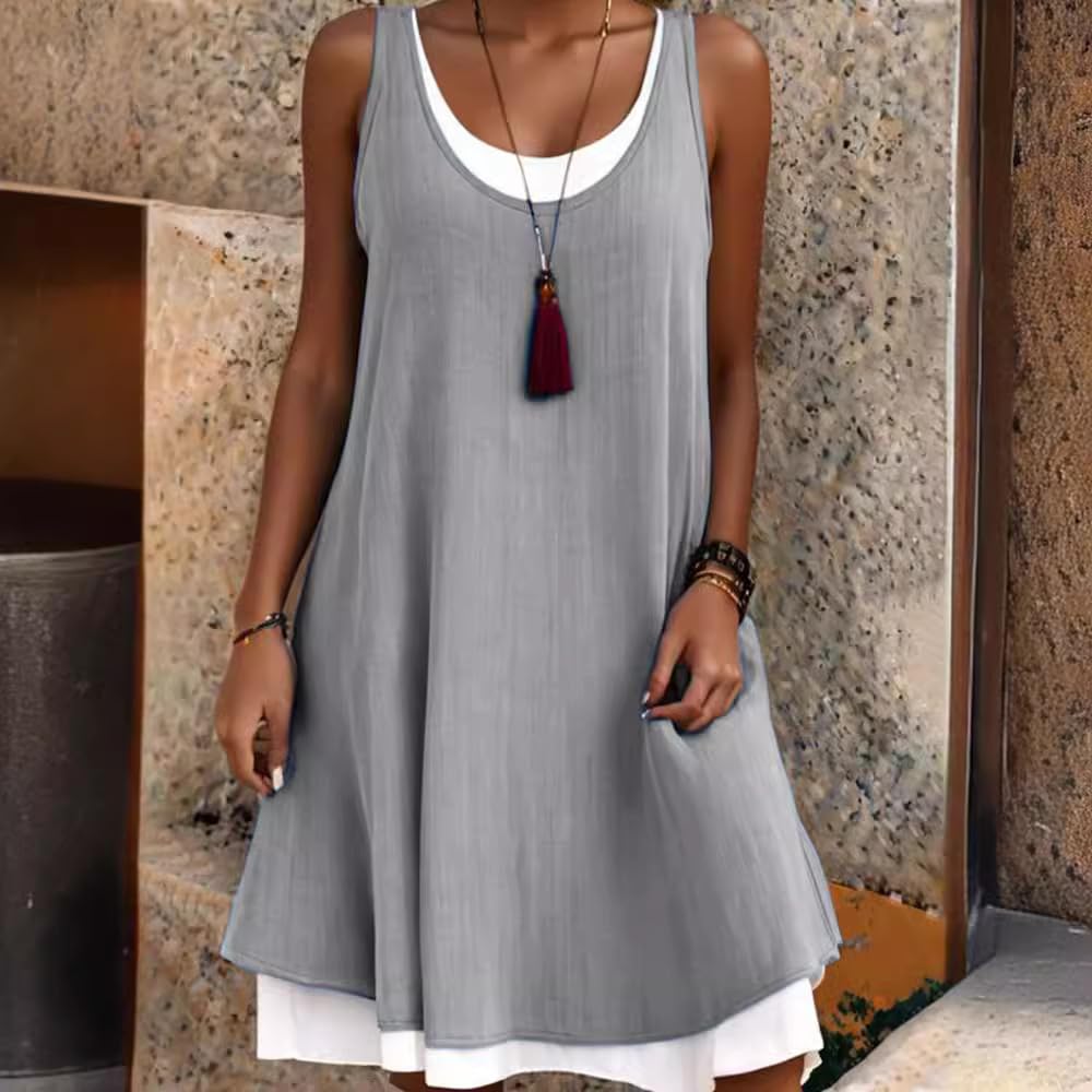 Damen-Midikleid aus Baumwollleinen, ärmelloses U-Ausschnitt-Midikleid in Knielänge, A-Linien-Tunika, Mini-Swing-Sommerkleid, lässiges Strand-Sonnenkleid