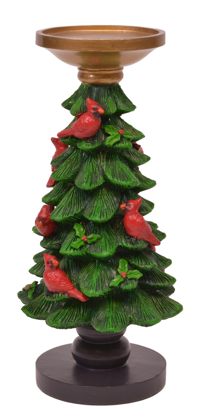 Portavelas de resina cardenales con bayas de acebo en pino, decoración navideña de mesa, 10 pulgadas, verde y rojo