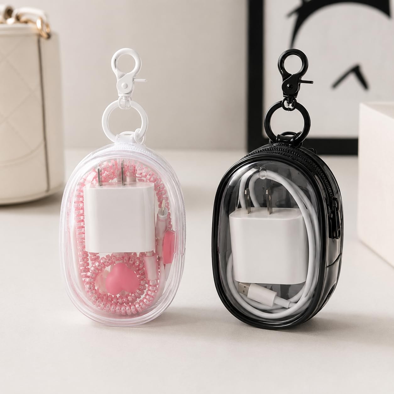 2 Pcs Portable Mini Zipper Storage Pouch with Keychain Clip, Clear Black and Clear White Small Travel Pouch for Earbuds, Charger, Keys, Cables, Coins, Makeup and Small Items
