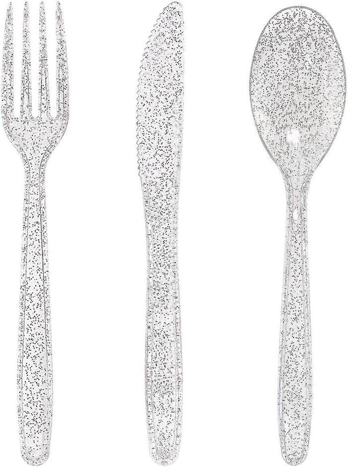 WDF 360 Silver Christmas Plastic Silverware- Disposable Silver Glitter Plastic Cutlery - Christmas Silverware including: 120 Silver Forks, 120 Silver Spoons, 120 Silver Knives