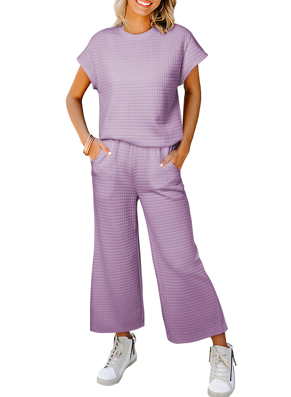 SHEWINWomens Two Piece Outfits Sweatsuits Casual Pullover Tops and Wide Leg Sweatpant Lounge Sets