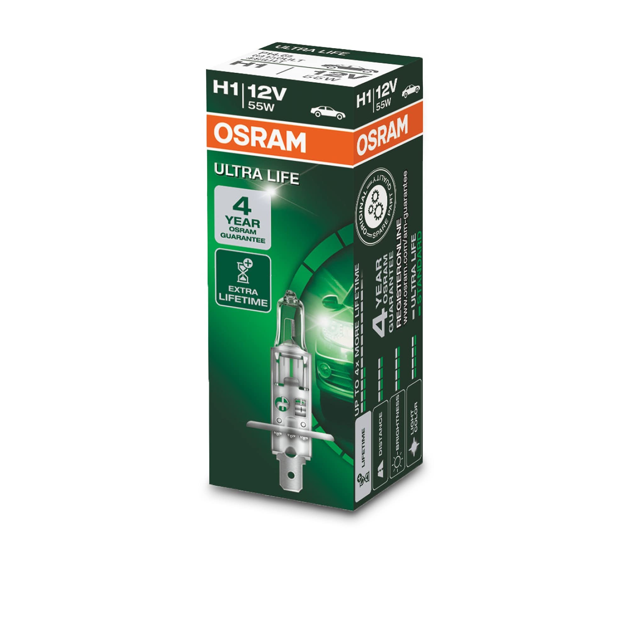 Osram ULTRA LIFE H1, Halogen-Scheinwerferlampe, 64150ULT, 12V PKW, Faltschachtel (1 Stück), Weiß (Weiß)