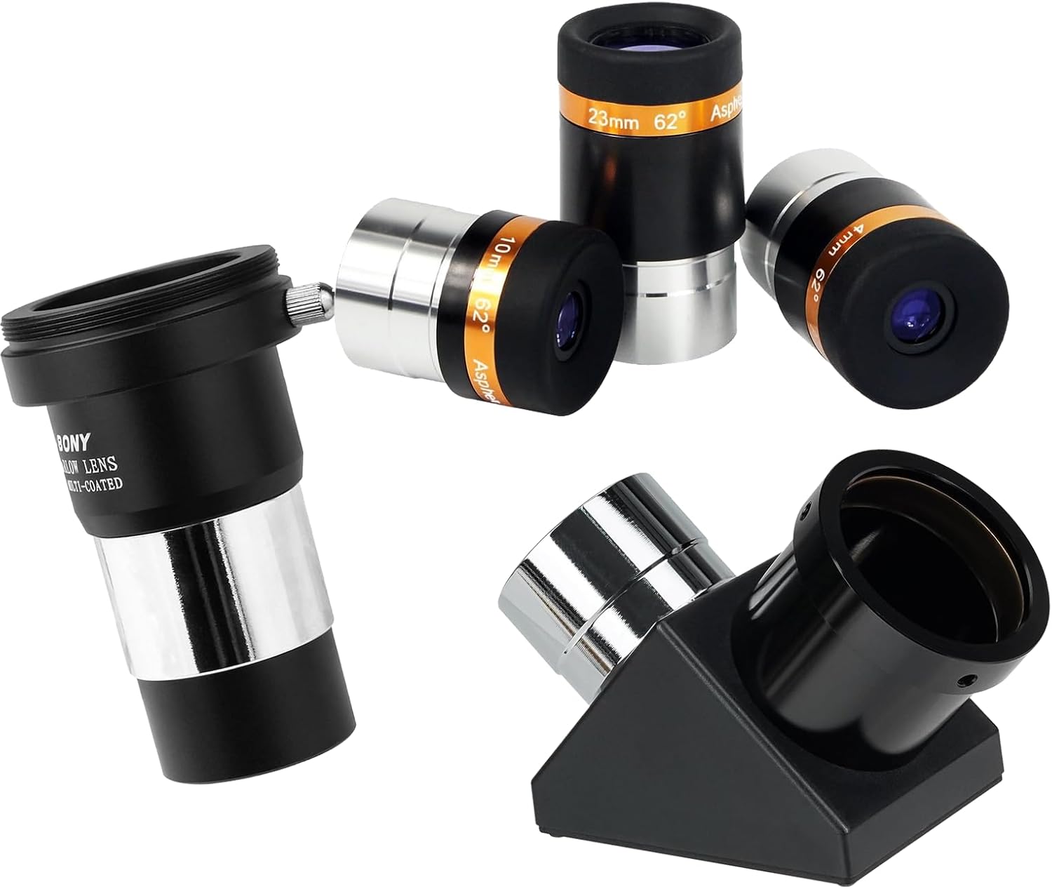 SVBONY Telescope Lens 4mm 10mm 23mm Bundle with 2X Barlow Lens and SV221 Diagonal Mirror
