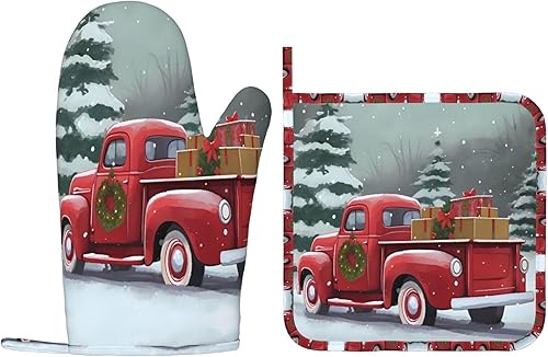 Manoplas para horno, juego de soportes para ollas de Navidad, camión rojo, muñeco de nieve, guantes de horno de silicona, copo de nieve, árbol de