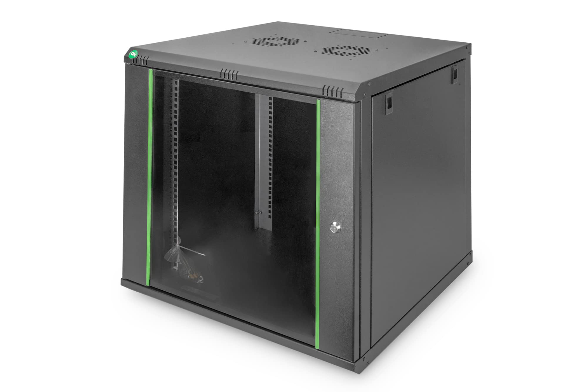 DIGITUS Netzwerkschrank – 19 Zoll Rack – 12HE – 600 mm Tiefe – 470 mm maximale Nutztiefe – Wandmontage – Traglast 60kg – Sicherheitsglastür – Dynamic Basic Serie – Schwarz