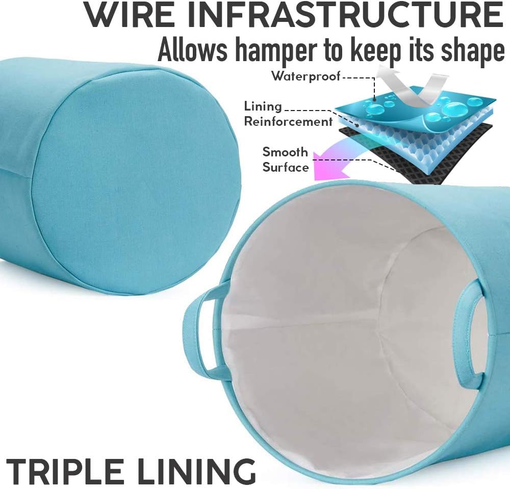 Every Deco Round Cylinder Wire Metal Frame Dual Fabric Laundry Basket Hamper Bin Storage Collapsible Fold-able Organization Toys Clothes - 17.7" H/Medium - Turquoise