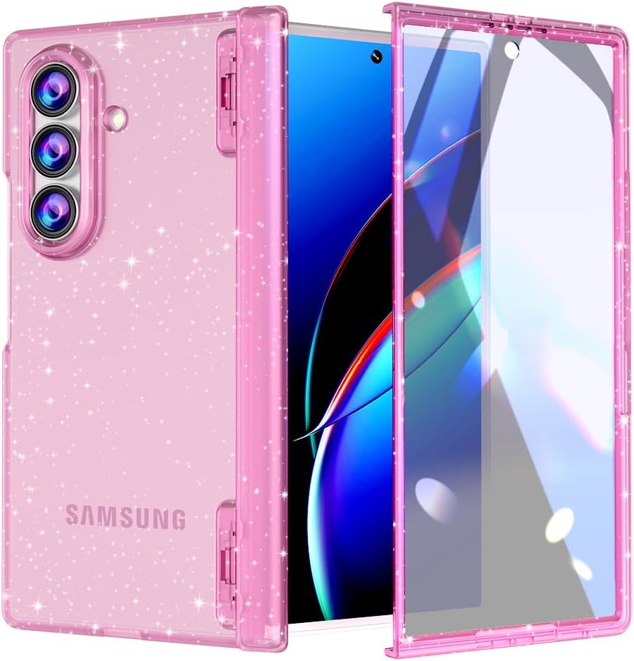 FABSPARK Case for Samsung Galaxy Z Fold 7 Built-in Screen Protector,Hinge Protection,Sparkly Bling Glitter Crystal Clear Transparent Slim Fit Acrylic Hard PC for Samsung Z Fold 7 Case,Glitter Pink