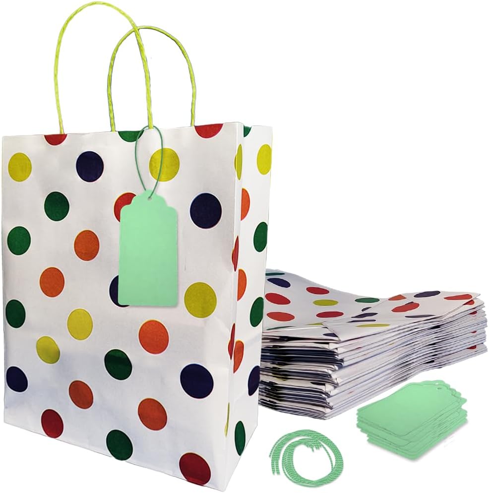 Suffix Retail Polka Dots Rainbow, White Paper Bags For Return Gifts With Gift Tags & Threads/Gift Bags For Corporate Events (12X8.7X3 Inches) | Party Favor Bags (Pack Of 50)