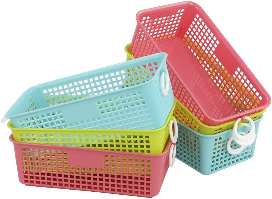 Leendines Plastic Office Desktop Storage Basket, 6 Packs Small Colored Baskets