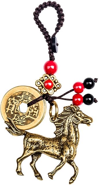 Chinese Good Luck Charm,Feng Shui Bell Keychain,The God of Wealth Statue Keychain,Lucky Horse Key Ring with Feng Shui