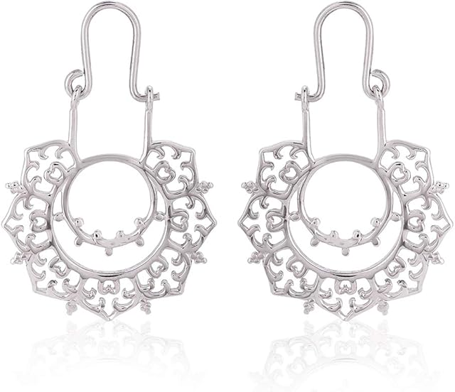 Vanbelle Rhodium Plated & High Polished 925 Sterling Silver Octagon Bali Hoop Earrings for Women and Girls