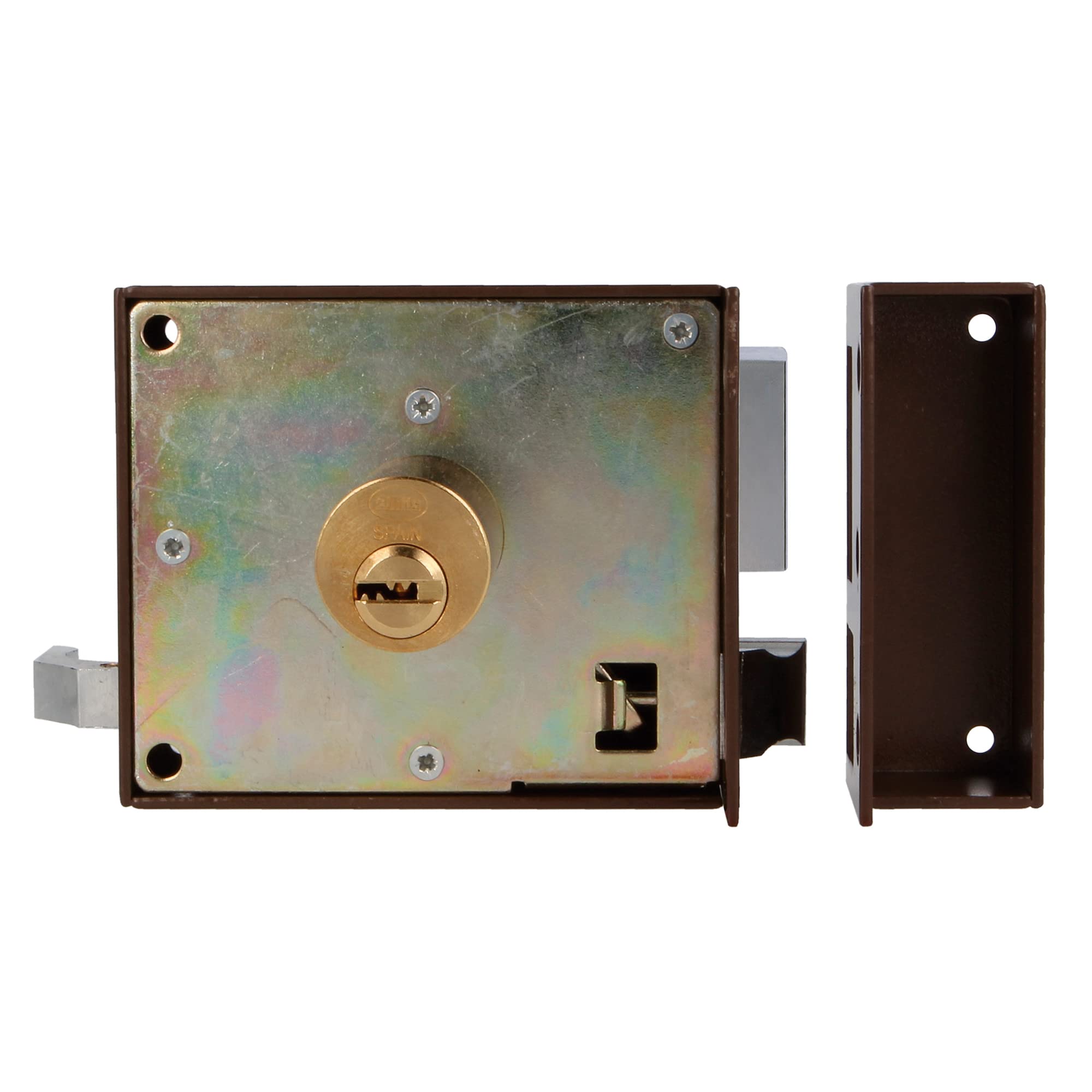 Amig - Serratura Sovrapposizione Sinistra Mod. 72 - Con leva, linguetta e maniglia - Sicurezza migliorata con cilindro rotondo, per porte in legno, marrone, 100 x 85 mm