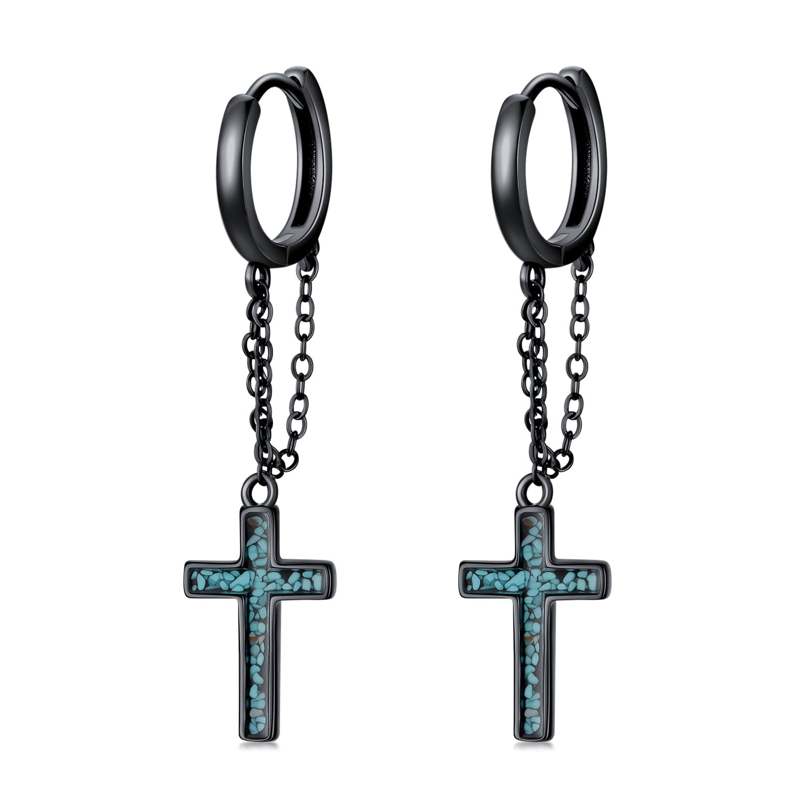 Midir&Etain Pendientes de cruz negra para hombres y mujeres, plata de ley 925, turquesa punk, cadena punk, joyería punk, regalos de cumpleaños para amigos