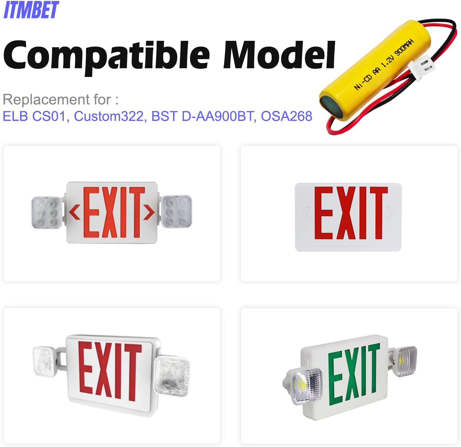 4-Pack 1.2V 900mAh Ni-Cd AA Battery for Exit & Emergency Lights, ELB CS01 Replacement Battery Compatible with Unitech AA900mAh, OSA268, ELB CS01, Lithonia EXR LED EL M6 & More