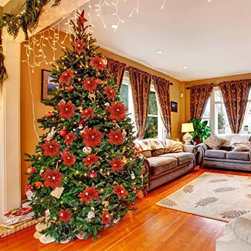 Roqueen 15 PCS Artificial Christmas Flowers Poinsettia 5.5 Inches with Clips Glitter Christmas Tree Ornaments for Xmas New Year Wreath Decoration (Red)