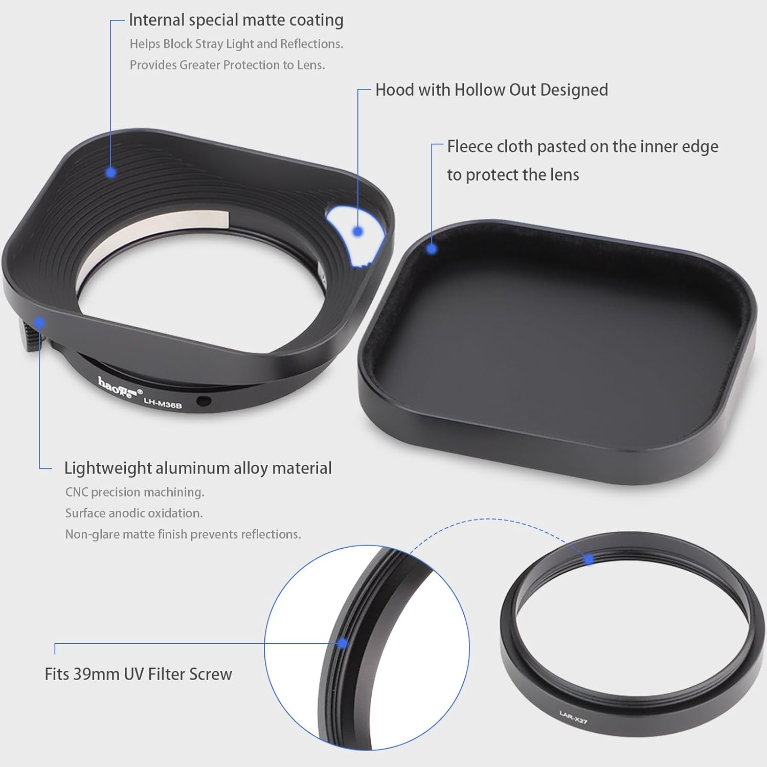 Haoge Metal Squaret Lens Hood for Fujifilm Fujinon XF27mmF2.8 R WR Lense Hood Black