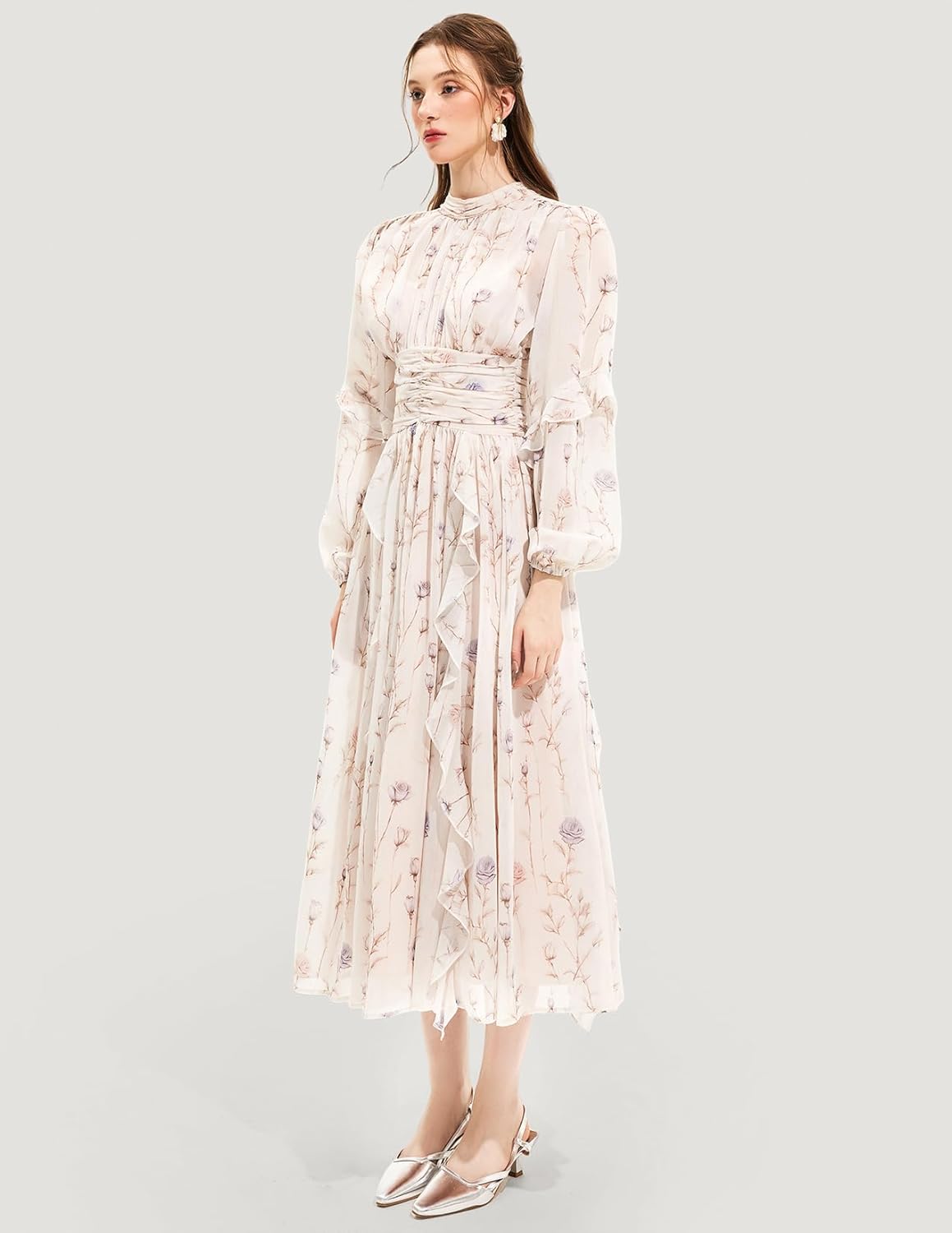 White Ruffle Dress Maxi Floral Empire Waist Dress for Women Mock Neck Dress Women Long Sleeve Lace Dress Birthday Dress - Image 3