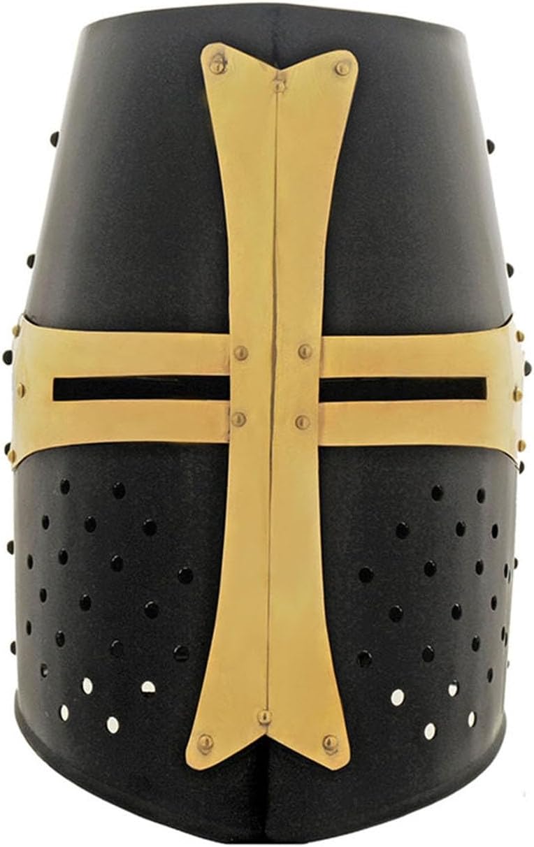 SCZO Crusader Helmet - Medieval Knight Templar Helmet with Brass Cross, Carbon Steel Great Helm Armor with Liner and Chin Strap for LARP, Renaissance Faire, Cosplay Costume