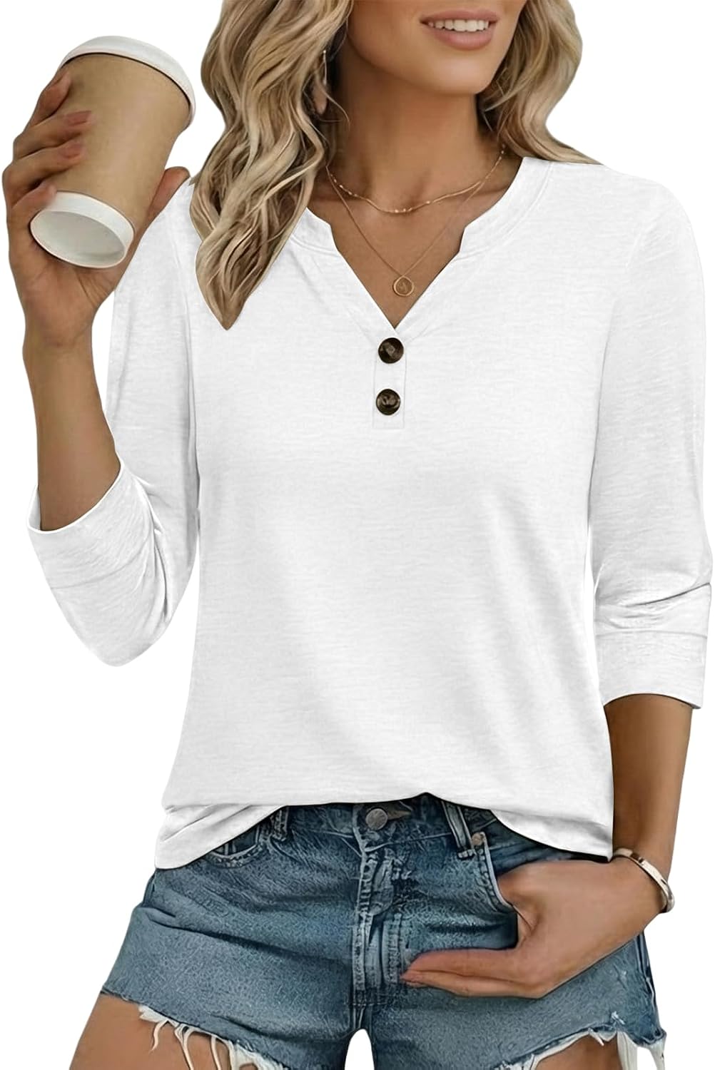 Cuptacc Bluse Damen Sommer V Ausschnitt Shirt Damen 3/4 Arm Henley Tops Elegante Oberteile Business Tshirt Mode Tunika