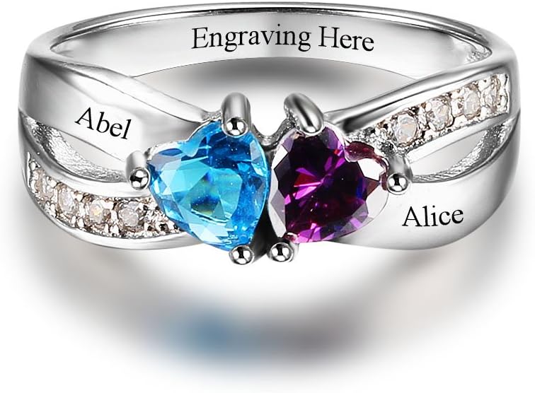 jewelora Personalised Promise Heart Rings with Simulated Birthstones Engraved Names Engagement Rings for Her