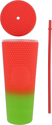 Miniatura 7 de Vaso de 24 onzas con tapa y pajilla, botella para agua para café helado, con tachuelas de rojo mate a verde con pajilla, con tapa