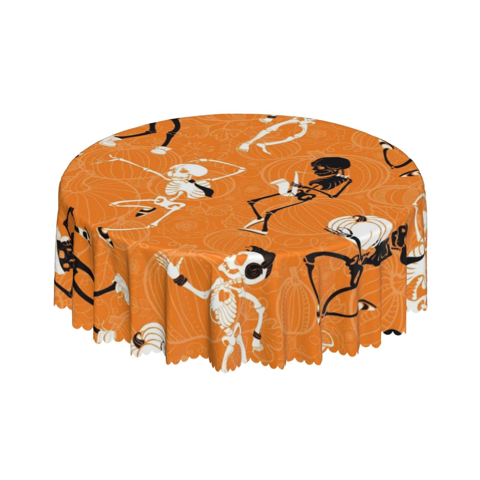 Lsjuee Skeleton Dance Music Pumpkin Round Tablecloth 60 Inch Printed Washable Tablecloth for Dining Party Holiday Fall Home Decorative