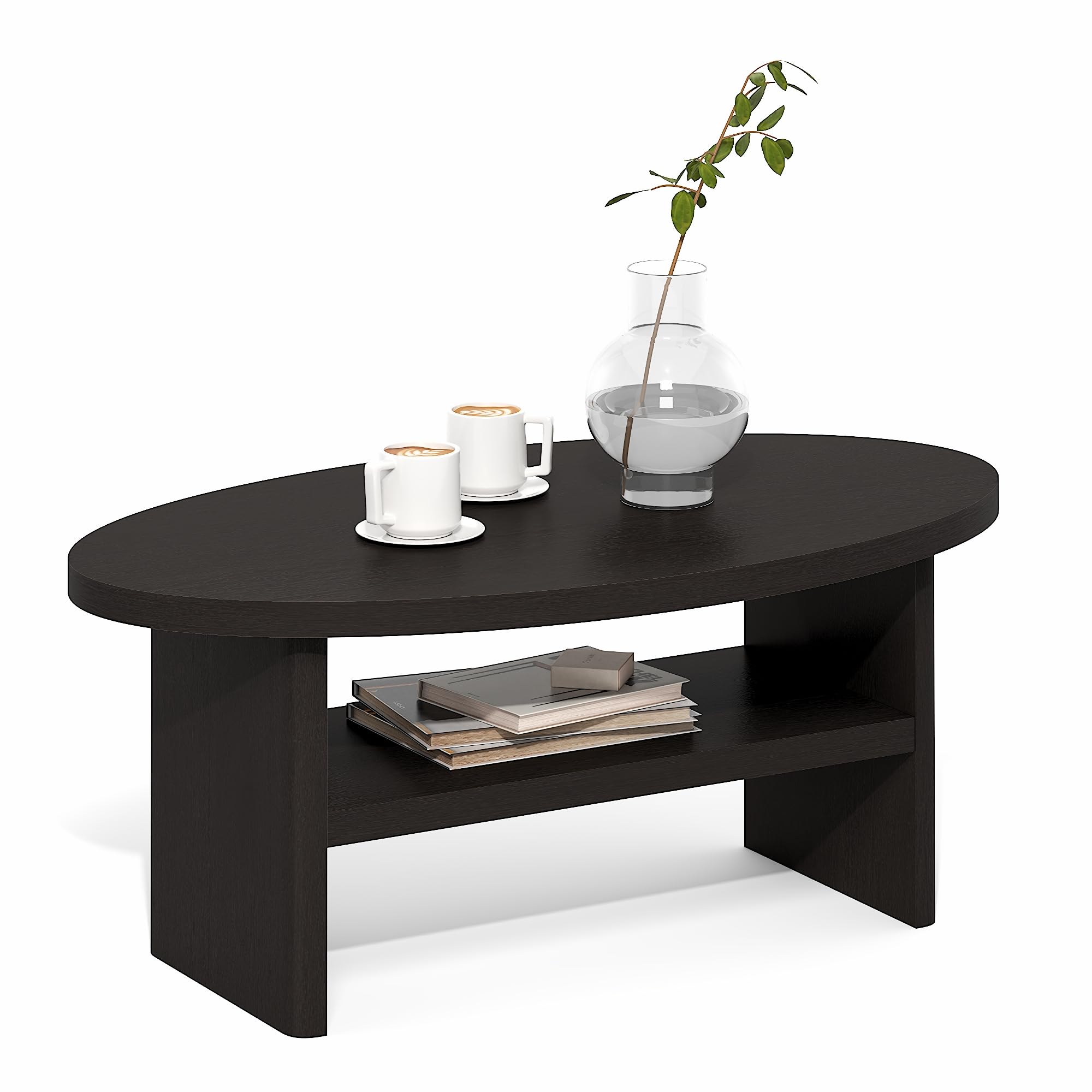 Furinno Jaya 2-Tier Round Black Coffee Table with Oval Tabletop, Dark Oak