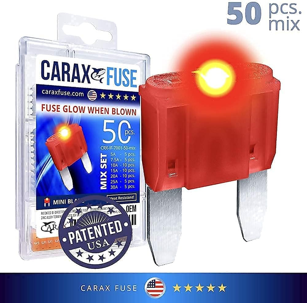 CARAX Glow Fuse – Premium Fuse Blade – 50 pcs. MINI + 50 pcs. STANDARD Assortment Kit – Glow When Blown LED Automotive Fuse – Smart Auto Glow Fuse Easy Identification – MIX 100 pcs. : Automotive