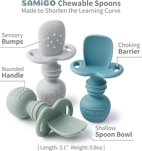 Miniatura 3 de SAMiGO Utensilios de silicona para bebés  Cucharas de autoalimentación y pequeña taza de entrenamiento  Suministros de destete LED para bebés de