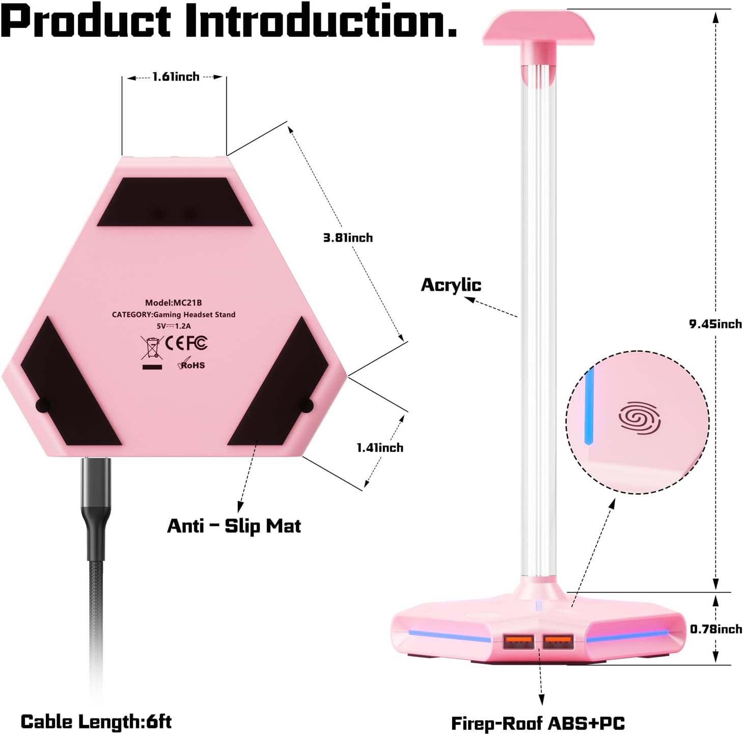 Pink RGB Headphone Stand with 2 USB Ports & Extension Cord, Gaming Headset Stand for Desktop Table, PC Gaming Accessories, Gifts for Girlfriend,Teen Boys Girls, Gaming Setup Organizer - Image 9