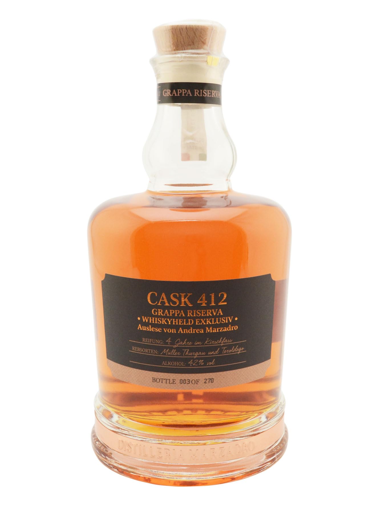 Marzadro Premium Grappa Riserva - 4 Jahre Single Cask #412 Whiskyheld Exklusiv 42% Einzelfassabfüllung limitiert auf 270 Stk.