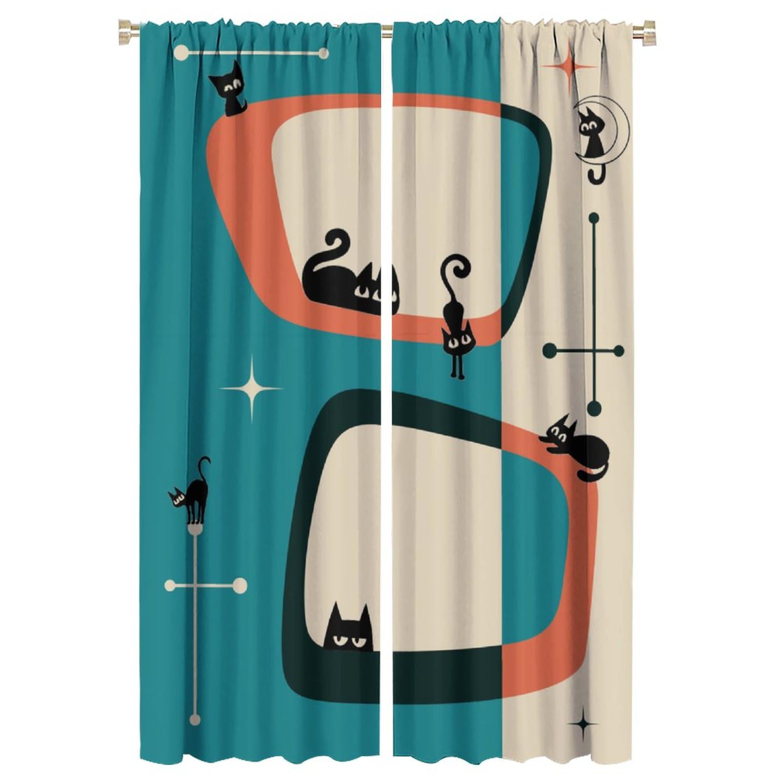 Mid Century Style Blackout Window Curtains,Black Cat Modern Abstract Geometric Vintage Colorful for Home Kitchen Livingroom Coffee Room Curtains Window Drapes 2 Panels 42x63in