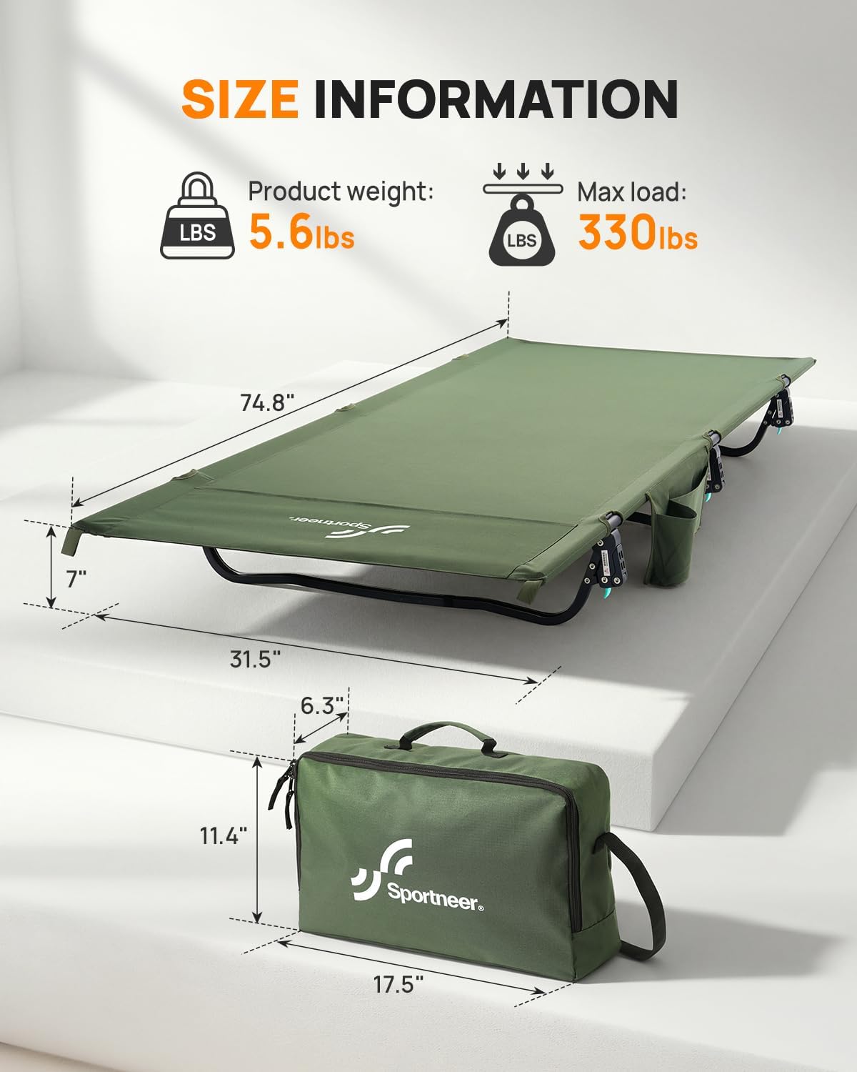 Sportneer Camping Cot, 31.5'' Extra Wide Army Green Compact Folding Cot with Side Pocket & Carry Bag, Lightweight Portable Outdoor Bed for Adults, Camping, Home, Travel