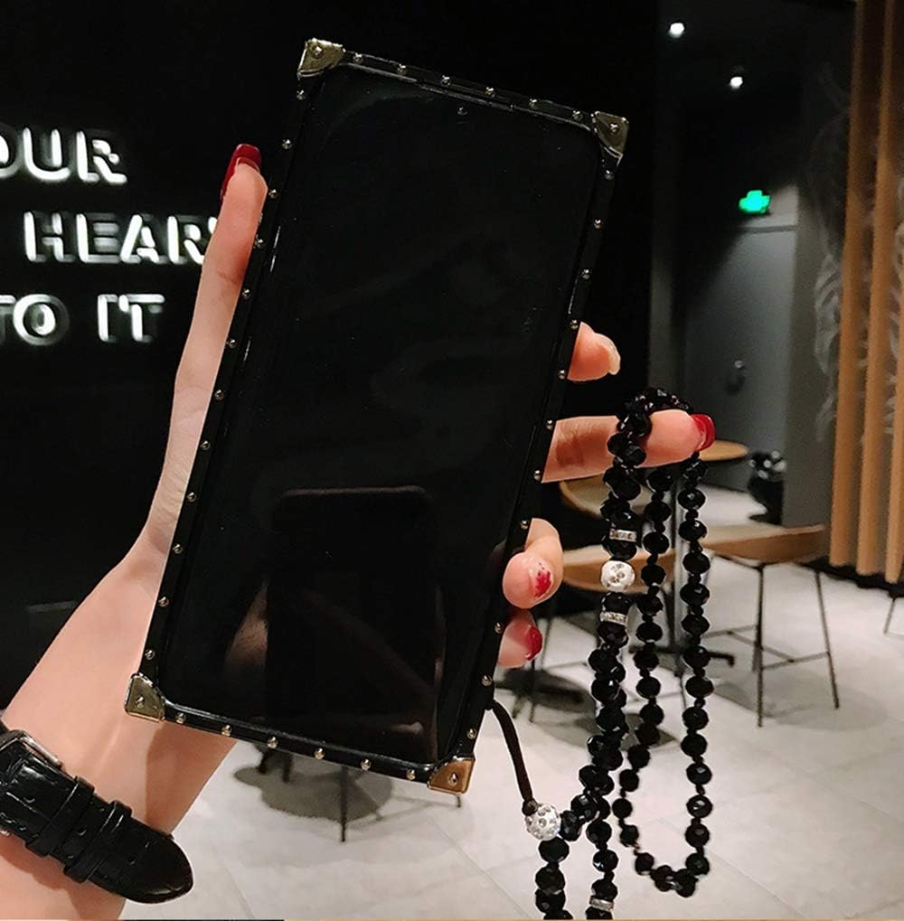BABEMALL Compatible for Samsung Note 20 5G Case, Concise Glitter Bling Square Shockproof Anti Fall Protective Back Cover Case with Ring Holder and Bead Chain (Black)