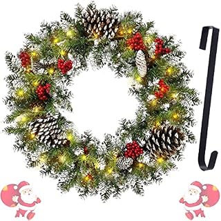Christmas Wreath with Hanger, 45cm/18inch Artificial Christmas Garland for Front Door with 50 LED Lights, Pre-Lit Xmas Wreath for Winter Decorations Door Wall Hanging Ornaments