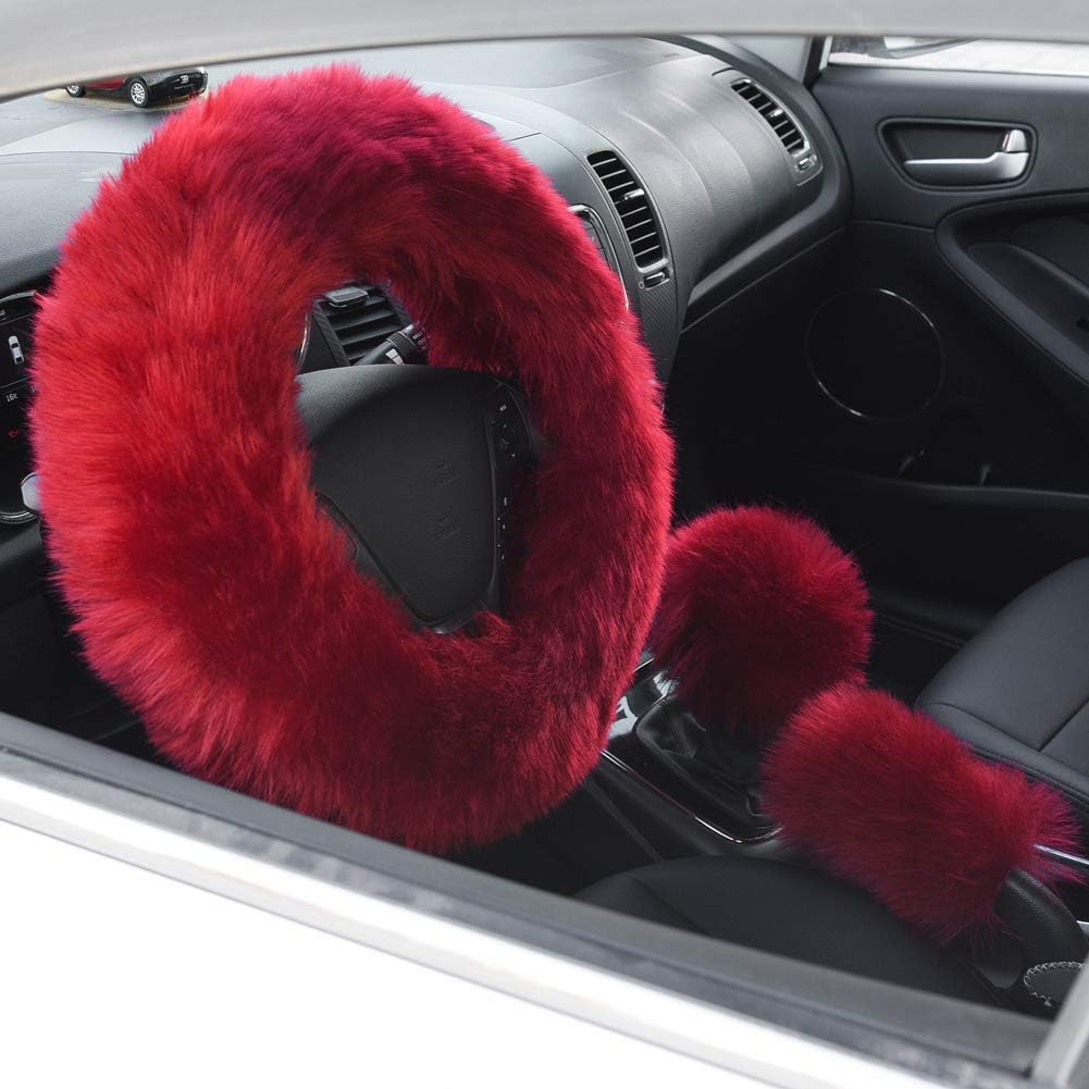 Valleycomfy 4PCS Set Luxury Fluffy Steering Wheel Cover with Handbrake Cover & Gear Shift Cover Faux Wool Fuzzy Steering Wheel Cover for Women Plush Car Wheel Cover Universal Fit 15 Inch Wine Red