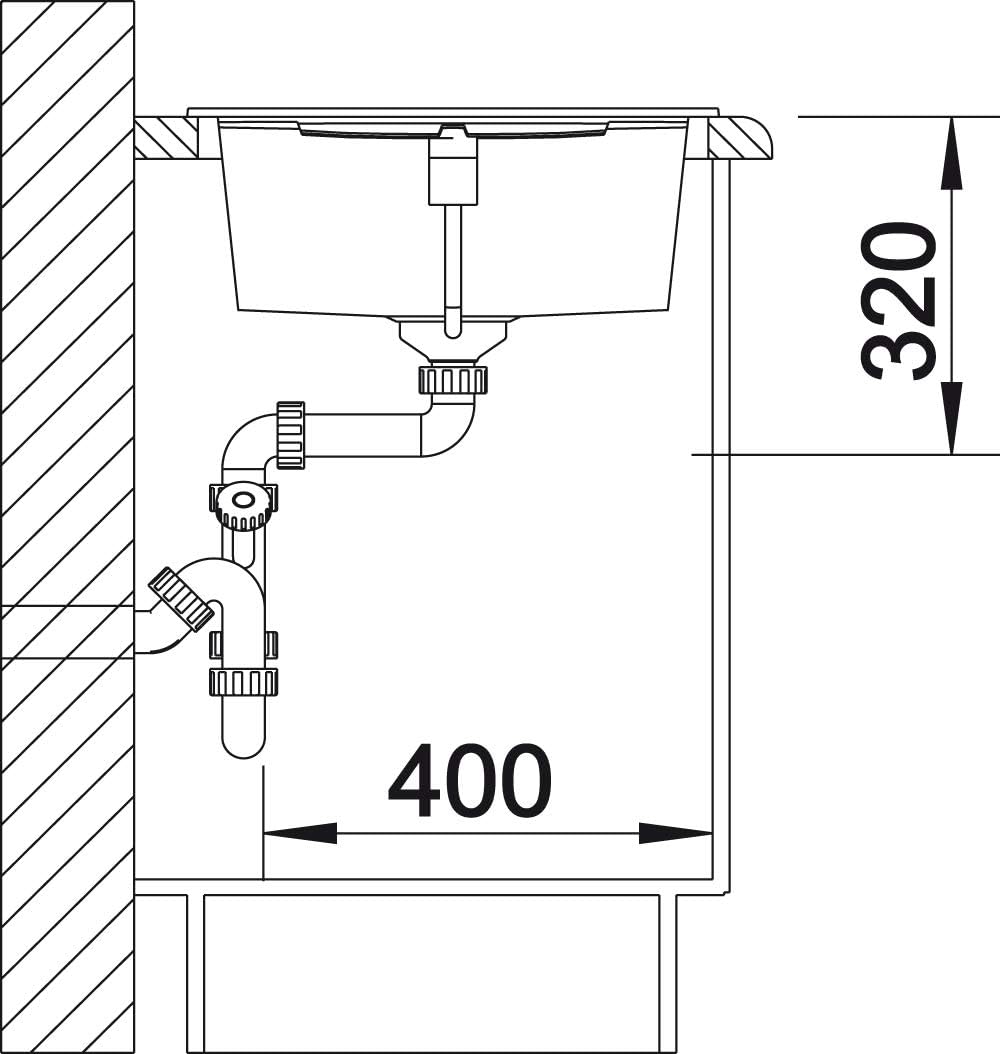 Technical drawing showing a front view of the sink installation, detailing the overall depth of 320mm from the countertop to the bottom of the drain pipe, and a width of 400mm for the under-sink cabinet space.
