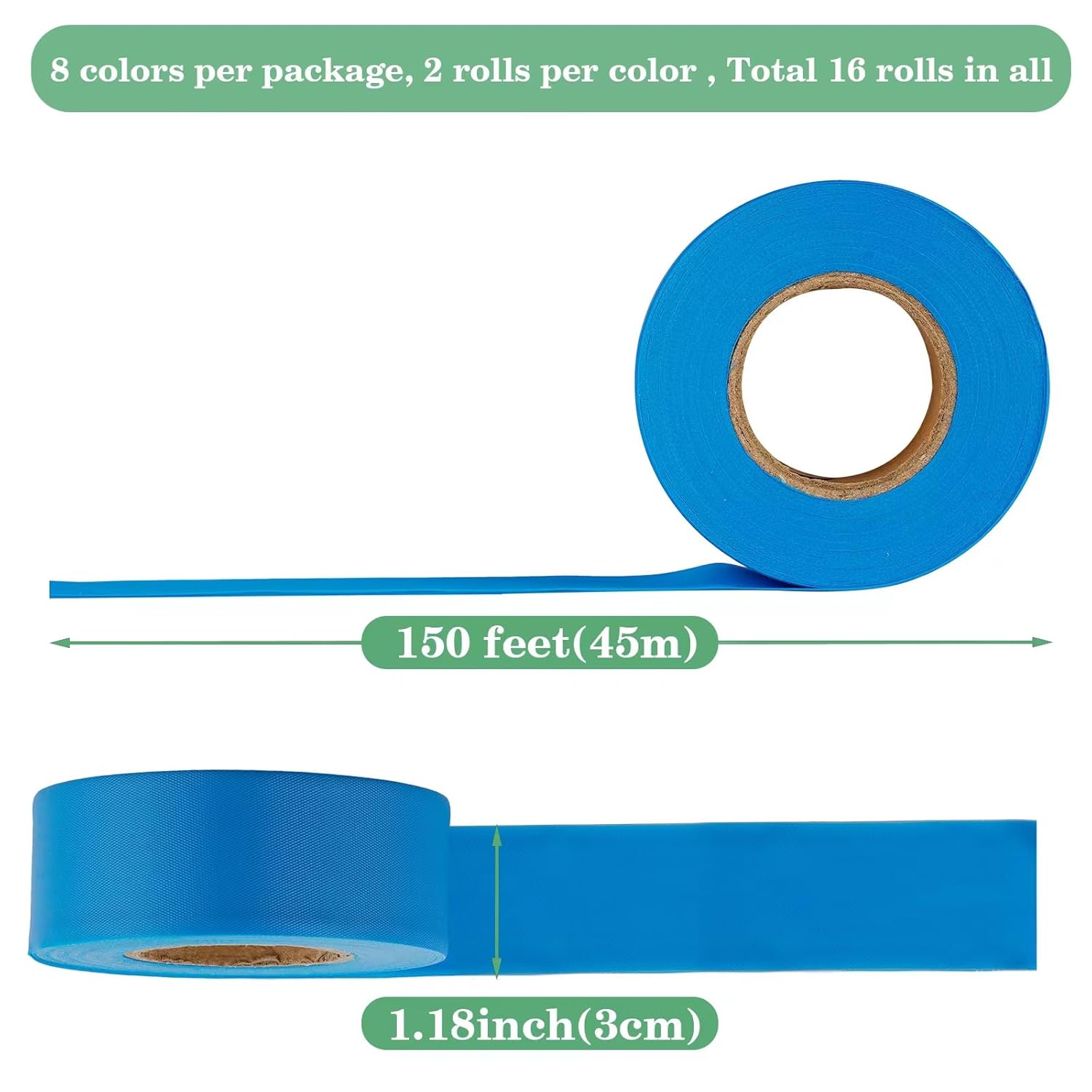 Flagging Tape Assorted Colors 16 Rolls - Non-Adhesive Neon Marking Surveyors Caution Tape, for Tree Marking, Hunting Trail Tape, 1-3/16 in. x 150 ft,3.35 Mil