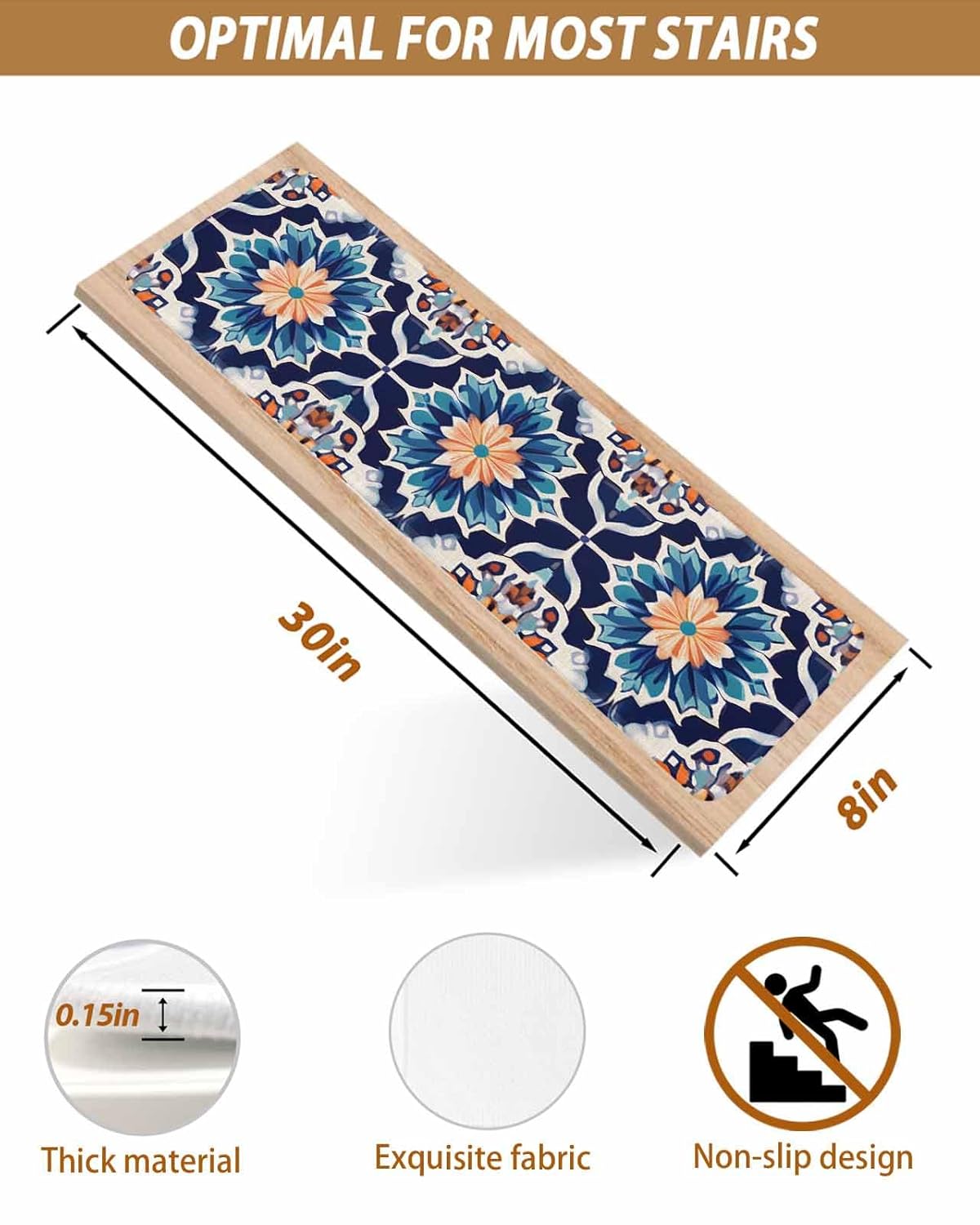 Orange Blue Stair Treads for Wooden Steps Indoor Runner Rug Carpet, Morocco Boho Abstract Floral Ethnic Tribal 7 Pieces Peel and Stick Staircase Step Treads Covers Washable Throw Door Mats, 30"x8"