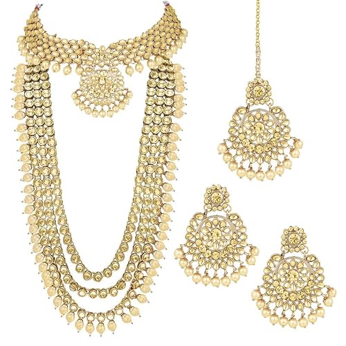 Aheli Wedding Designer Faux Kundan Beaded Indian Heavy Bridal Set Long Choker Necklace Earrings with Maang Tikka Traditional Jewelry for Women (Gold)