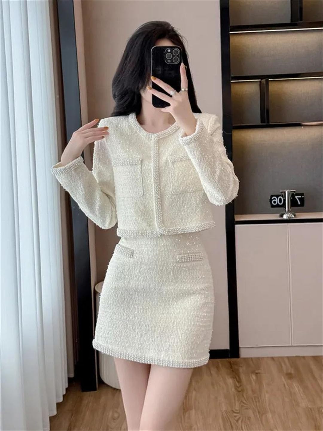 Women Tweed Two Piece Set Beaded Jacket Short Skirt Casual Outfit