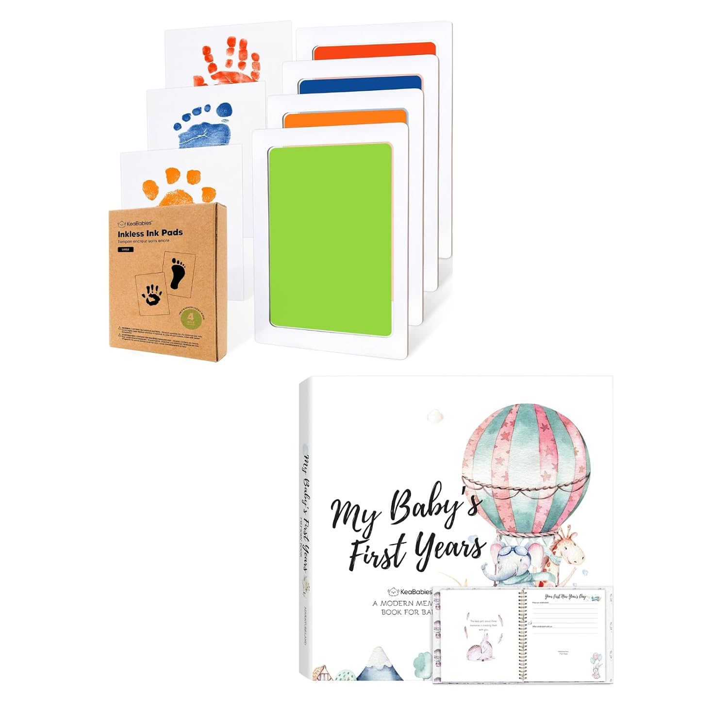 KeaBabies 4-Pack Inkless Hand and Footprint Kit and First 5 Years Baby Memory Book Journal - Inkless Ink Pad Pet Paw Print Kit - 90-Pages Milestone Baby Book for First Time Mom