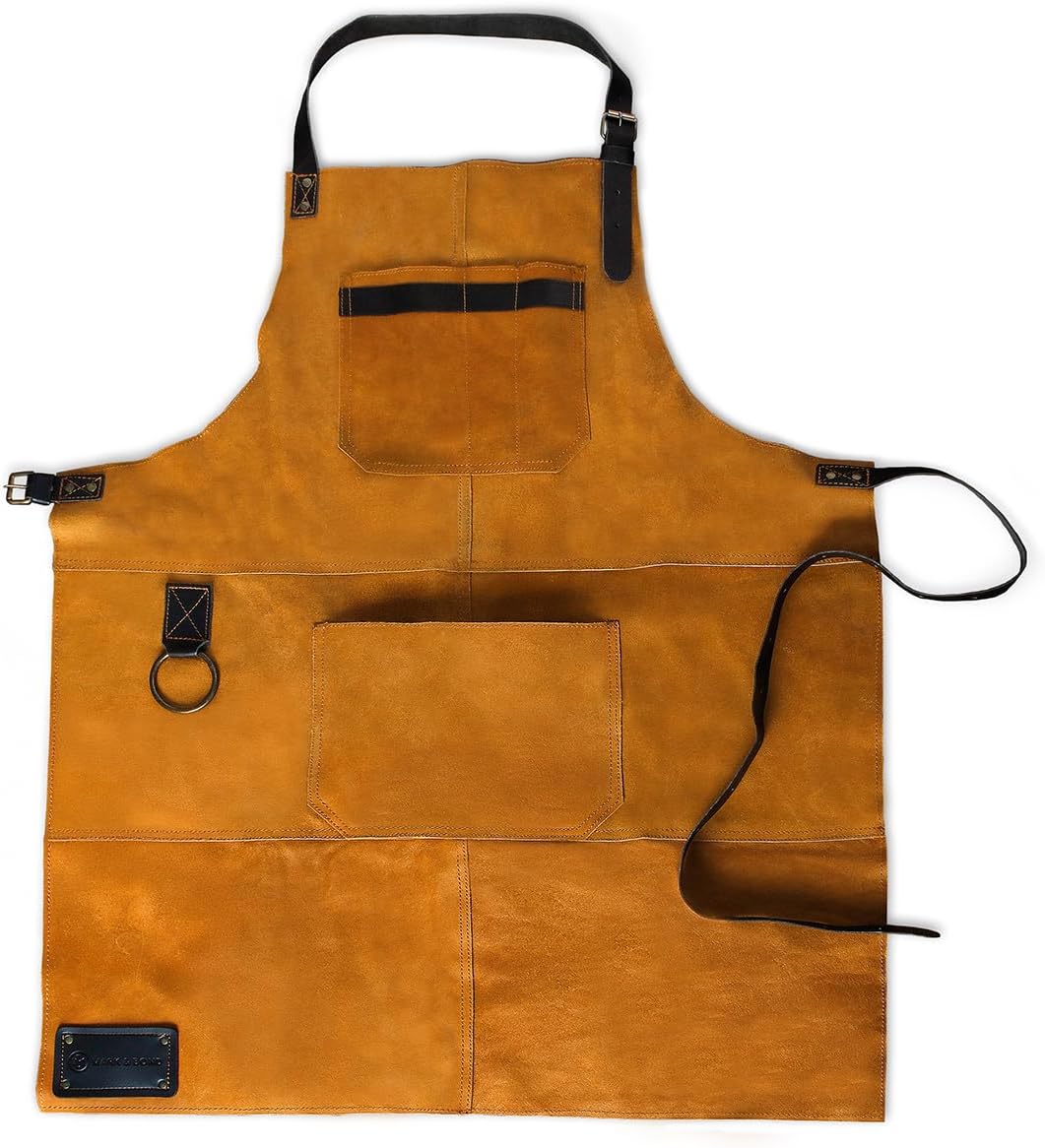 HomeWetBar Top Grain Multi-Pocket Leather Apron for Men - Heat Resistant Adjustable BBQ Apron - Cooking, Grilling, Baking, and Hobby